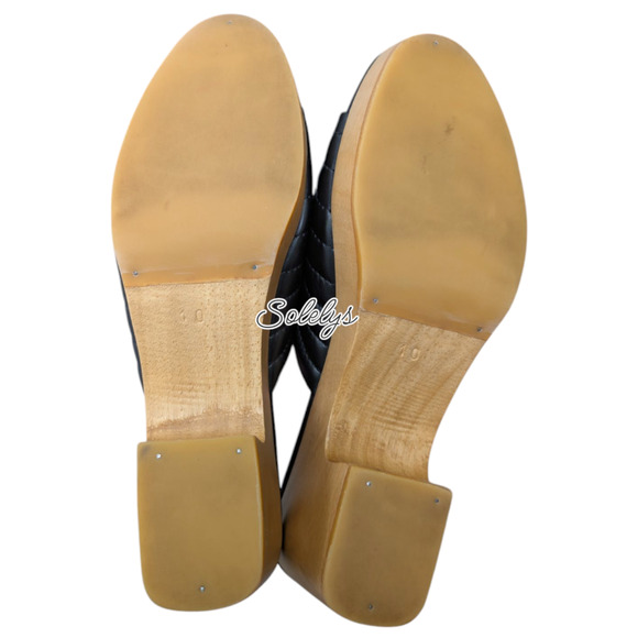 Beklina Ribbed Black Leather Open Toe Wooden Platform Clogs Mules Womens 10 - Picture 7 of 10